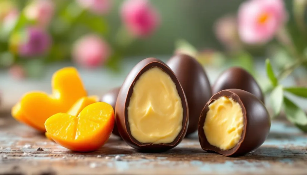 delicie-se com ovos de chocolate recheados com mousse de baunilha e decorados com corações de manga, uma sobremesa de páscoa única e irresistível para celebrar momentos especiais.