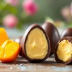 delicie-se com ovos de chocolate recheados com mousse de baunilha e decorados com corações de manga, uma sobremesa de páscoa única e irresistível para celebrar momentos especiais.